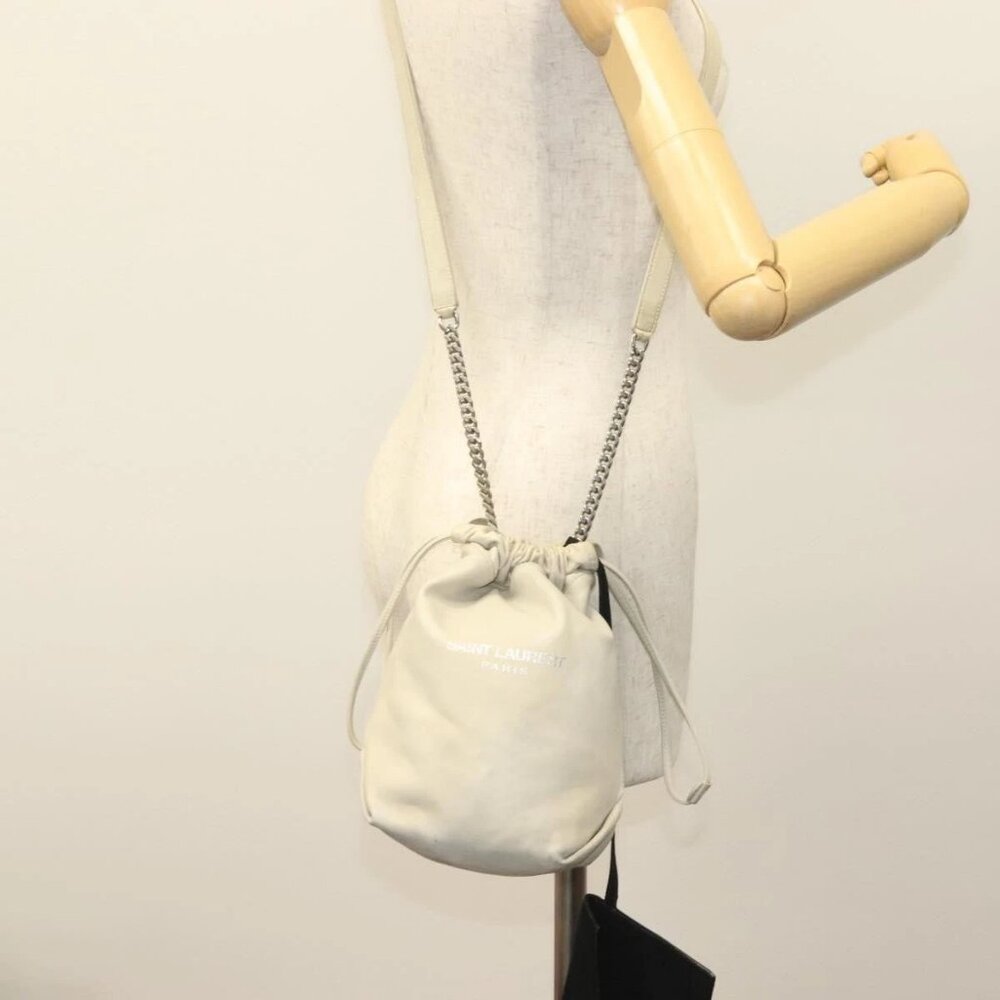 SAINT LAURENT Chain Teddy Small Shoulder Bag Leather White Silver Auth BA4161